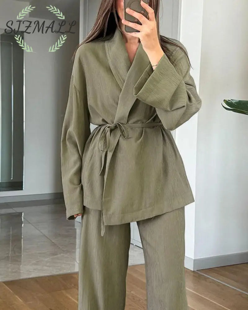 Casual Solid Color Lappel Top & Pants Two-Piece Set