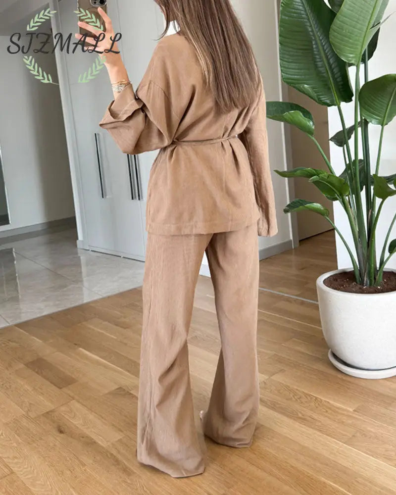 Casual Solid Color Lappel Top & Pants Two-Piece Set