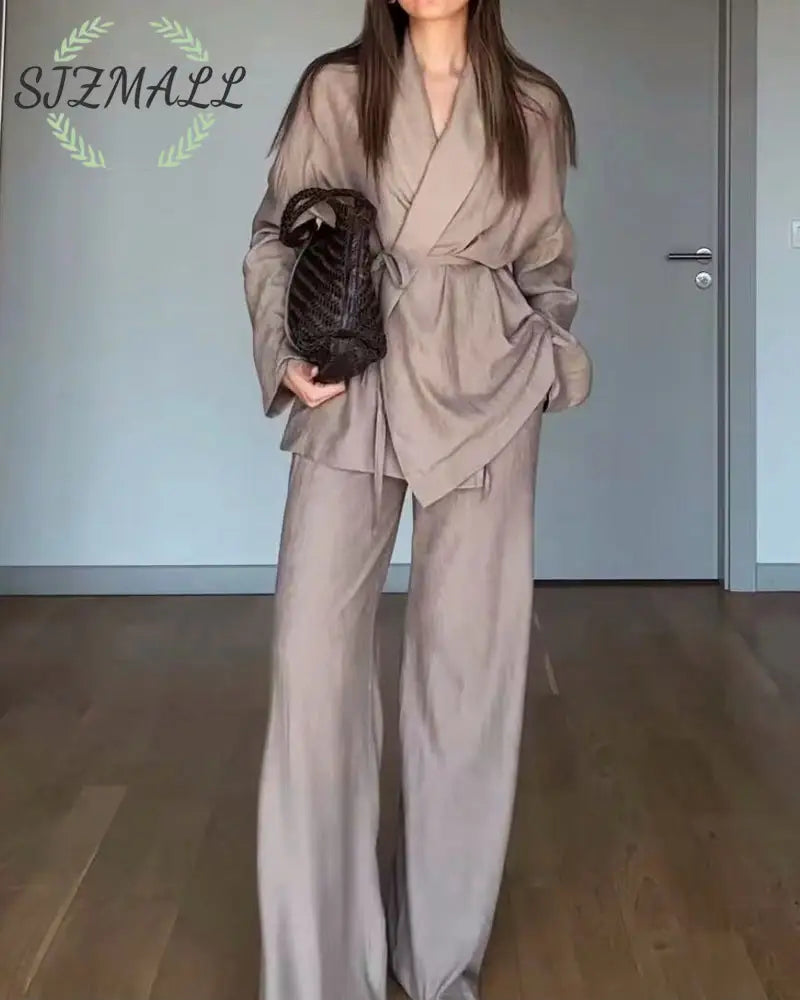 Casual Solid Color Lappel Top & Pants Two-Piece Set