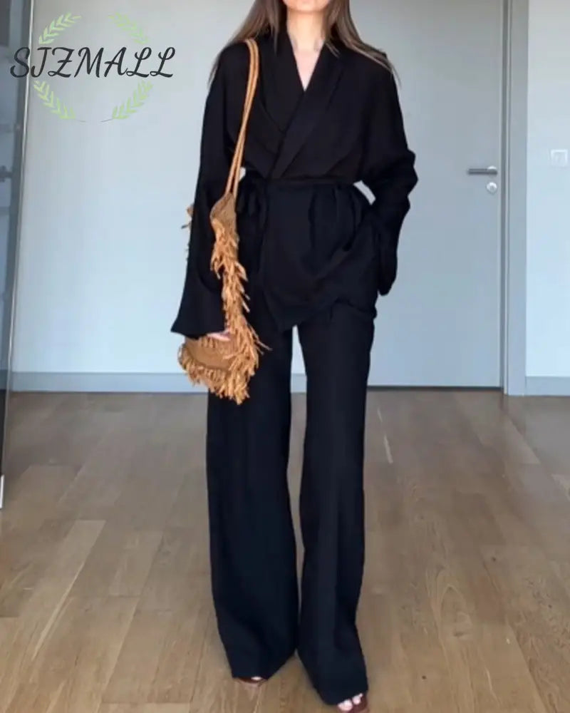 Casual Solid Color Lappel Top & Pants Two-Piece Set
