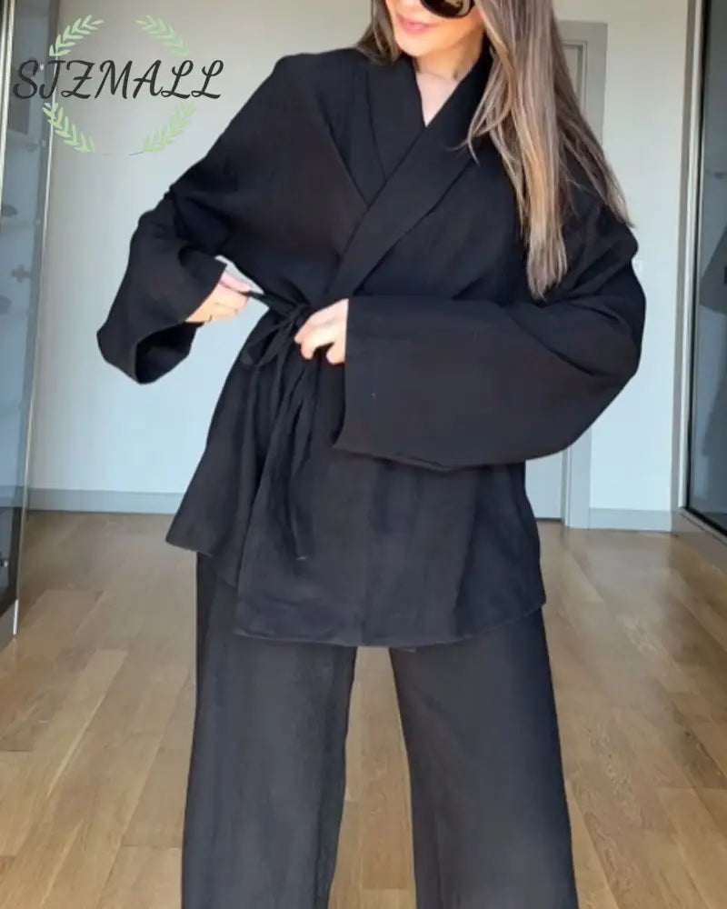 Casual Solid Color Lappel Top & Pants Two-Piece Set