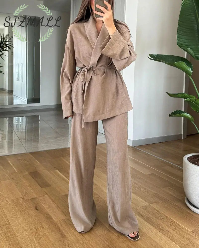 Casual Solid Color Lappel Top & Pants Two-Piece Set - Khaki / 2XL