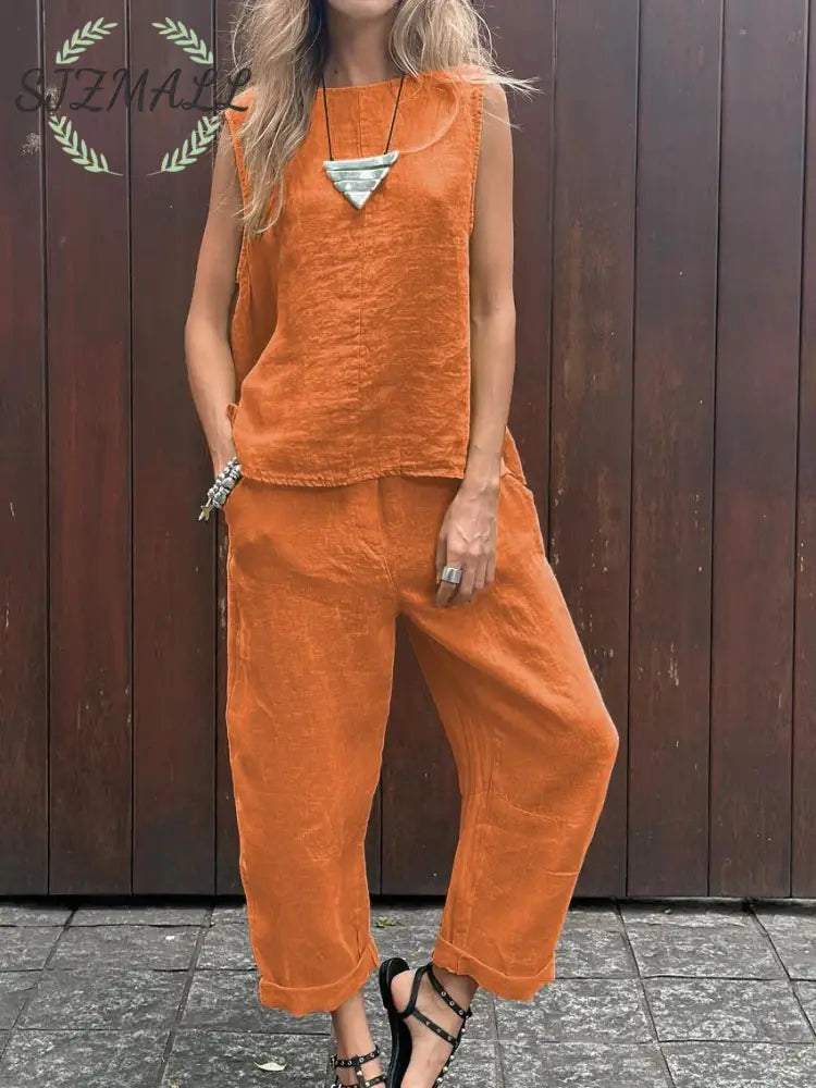 Casual Solid Color Sleeveless Vest & Pants Cotton Linen Two-piece Set