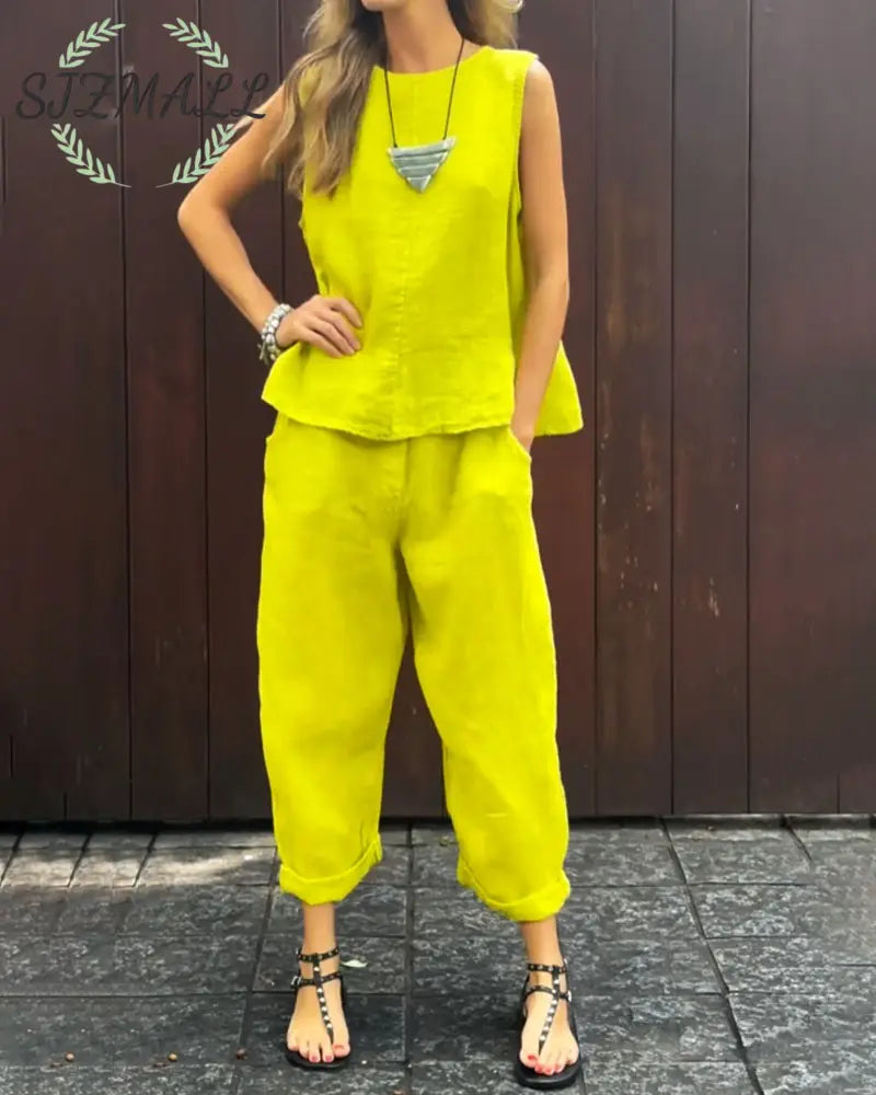 Casual Solid Color Sleeveless Vest & Pants Cotton Linen Two-piece Set