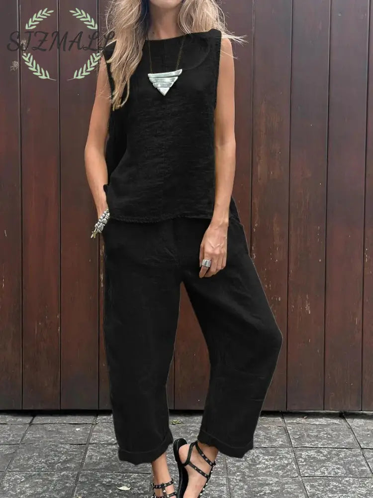 Casual Solid Color Sleeveless Vest & Pants Cotton Linen Two-piece Set - Black / S