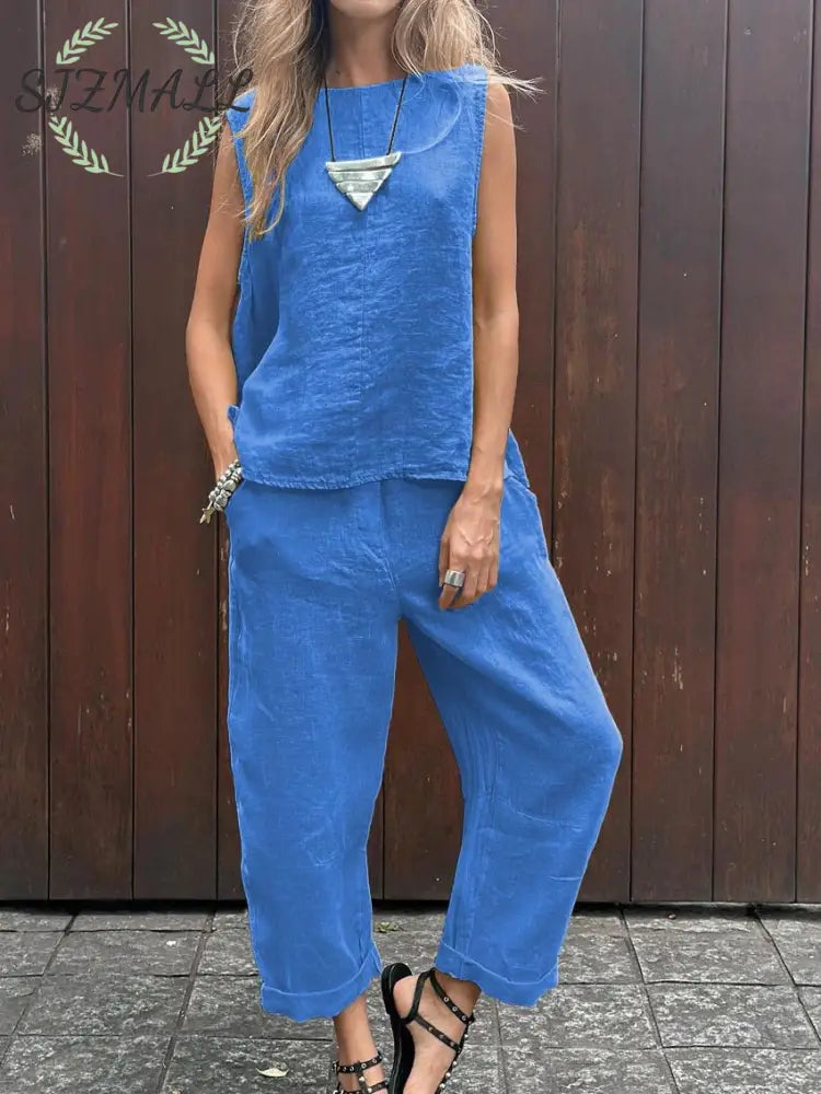 Casual Solid Color Sleeveless Vest & Pants Cotton Linen Two-piece Set - Blue / S