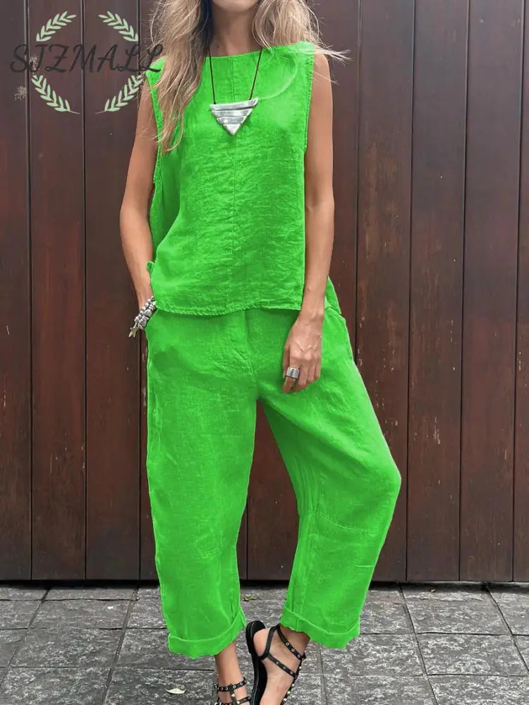 Casual Solid Color Sleeveless Vest & Pants Cotton Linen Two-piece Set - Green / S