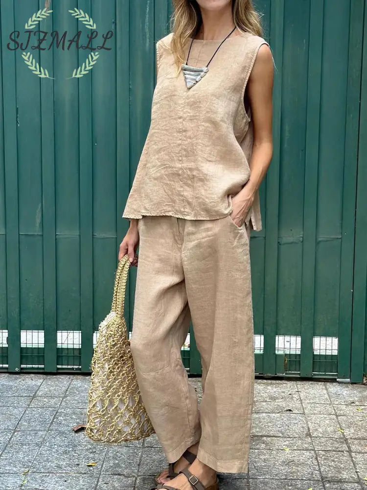 Casual Solid Color Sleeveless Vest & Pants Cotton Linen Two-piece Set - Khaki / S