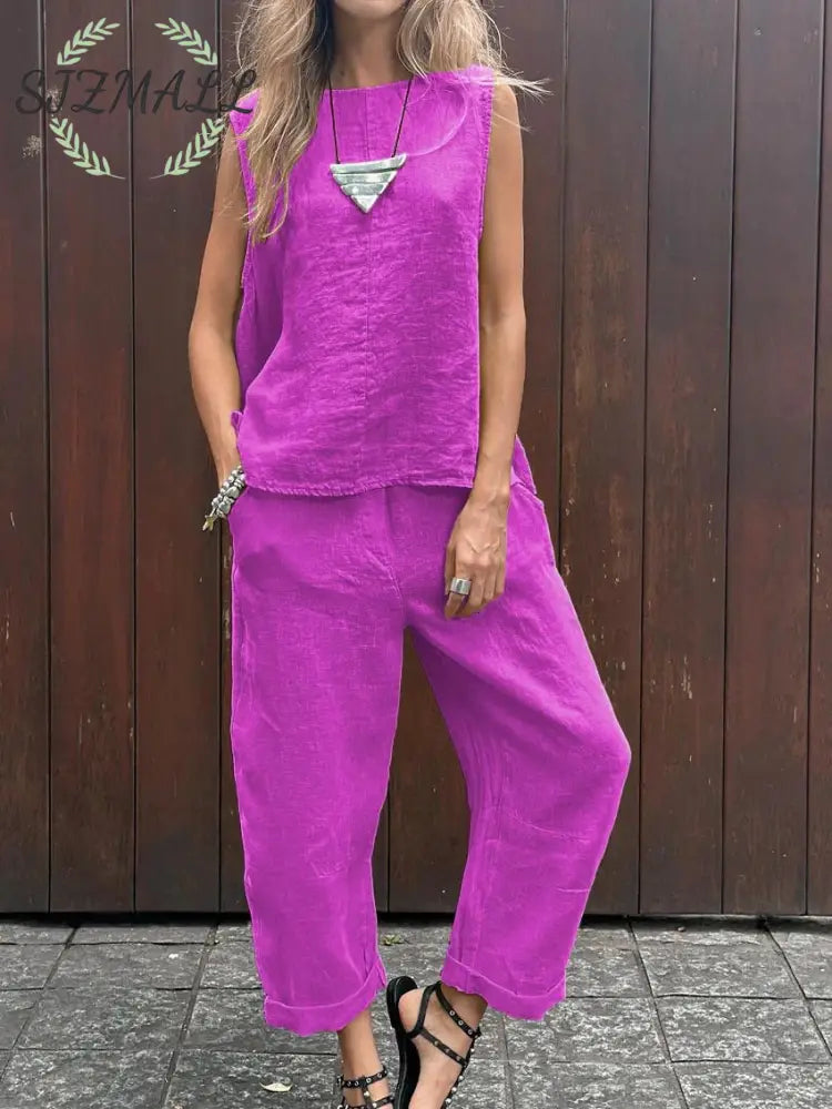 Casual Solid Color Sleeveless Vest & Pants Cotton Linen Two-piece Set - Purple / S