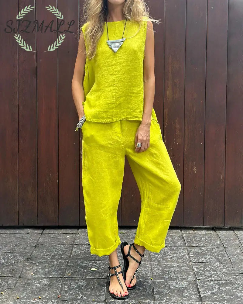 Casual Solid Color Sleeveless Vest & Pants Cotton Linen Two-piece Set - Yellow / S