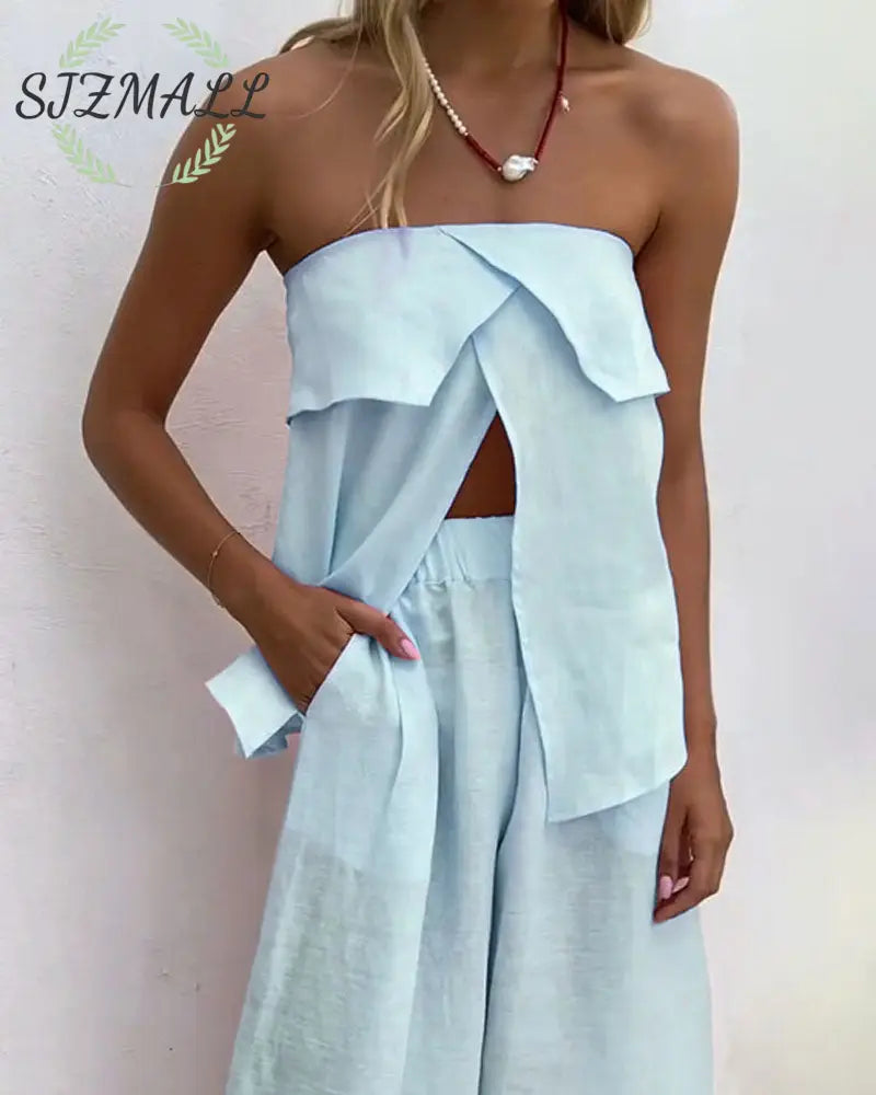 Casual Solid Color Strapless Split Top & Pants Two-Piece Set