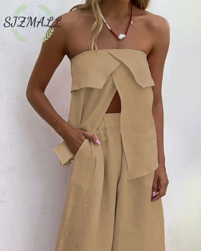 Casual Solid Color Strapless Split Top & Pants Two-Piece Set