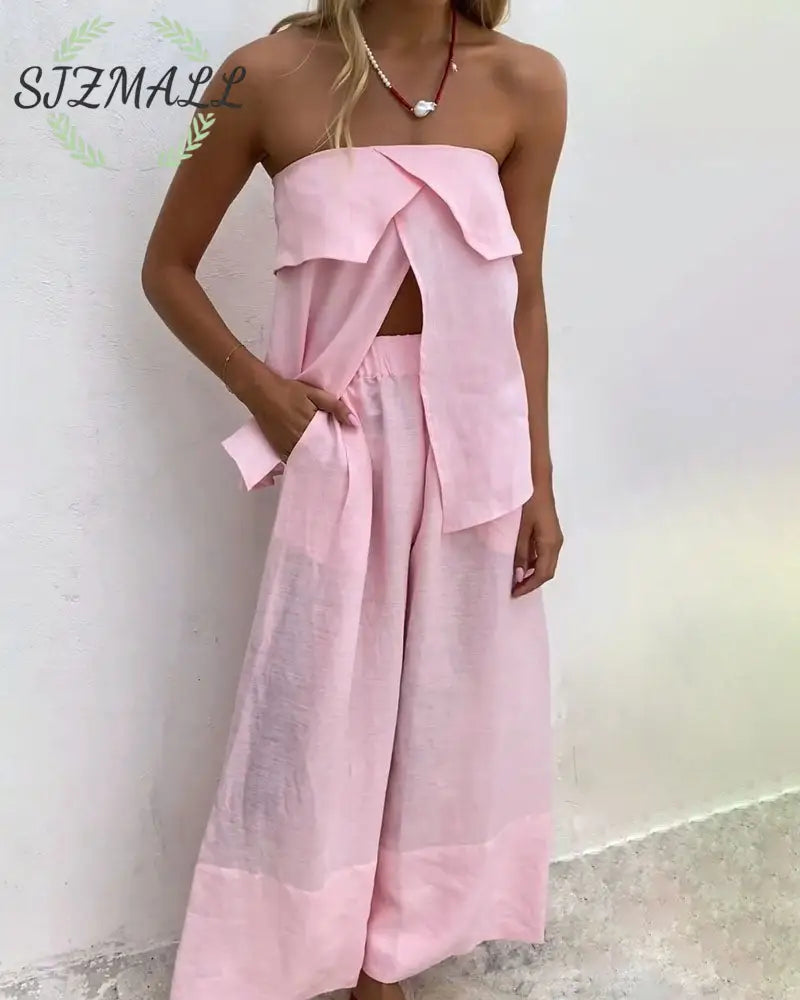 Casual Solid Color Strapless Split Top & Pants Two-Piece Set
