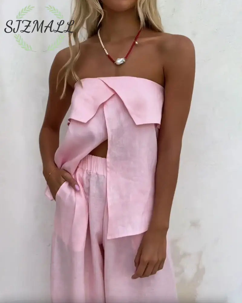 Casual Solid Color Strapless Split Top & Pants Two-Piece Set