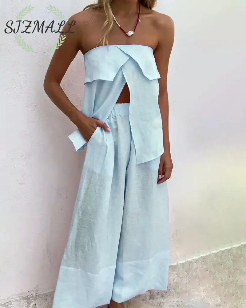 Casual Solid Color Strapless Split Top & Pants Two-Piece Set - Blue / XS