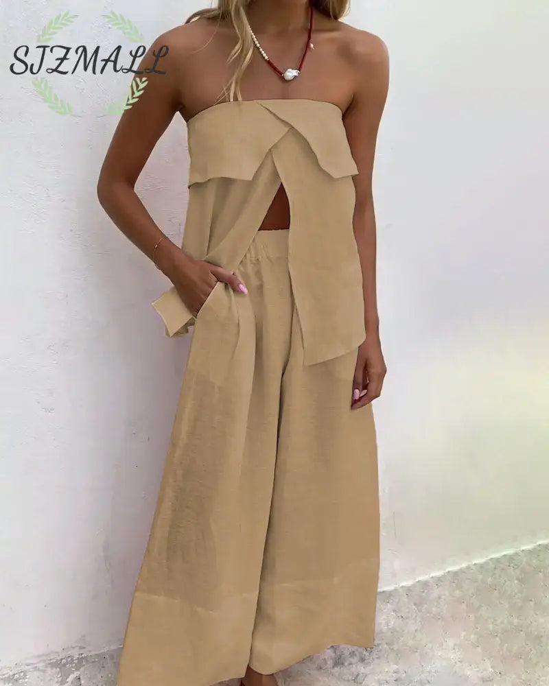 Casual Solid Color Strapless Split Top & Pants Two-Piece Set - Khaki / XS