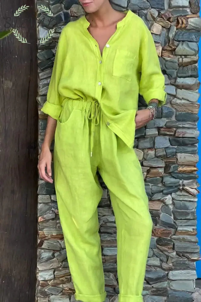 Casual Solid Color V-Neck Shirt & Pants Cotton Linen Two-Piece Set