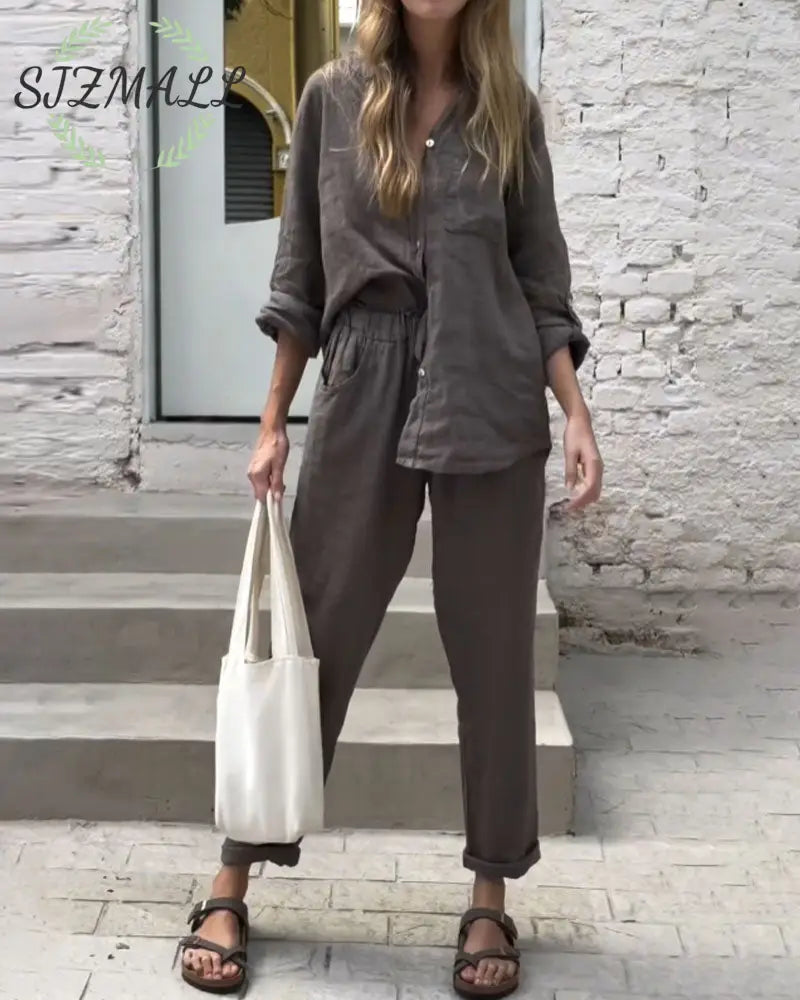Casual Solid Color V-Neck Shirt & Pants Cotton Linen Two-Piece Set