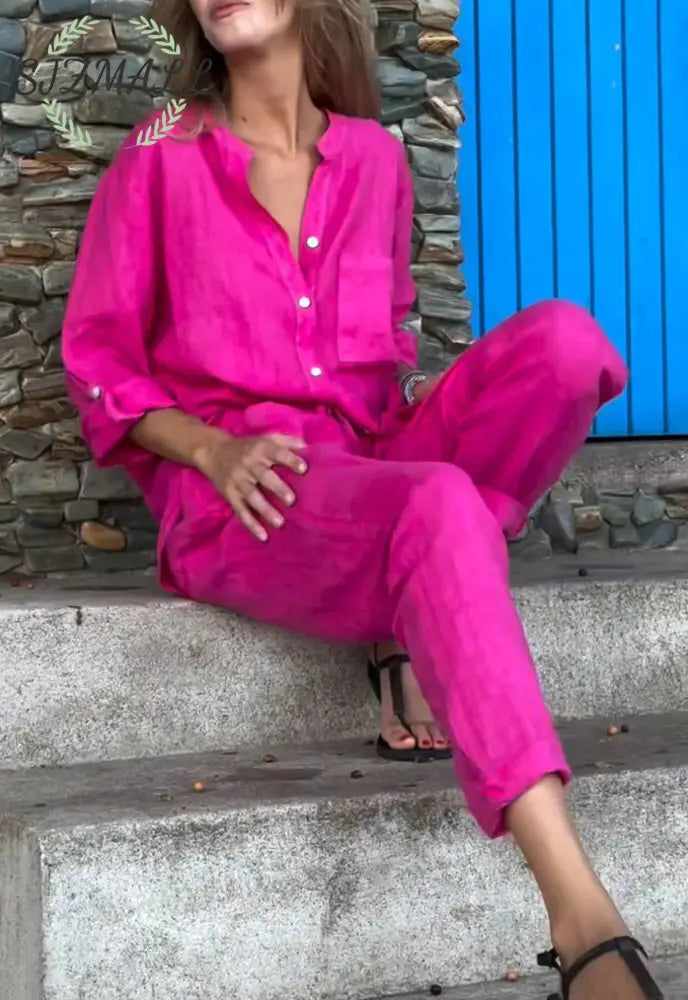Casual Solid Color V-Neck Shirt & Pants Cotton Linen Two-Piece Set