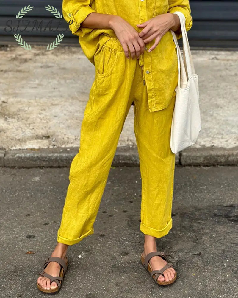 Casual Solid Color V-Neck Shirt & Pants Cotton Linen Two-Piece Set