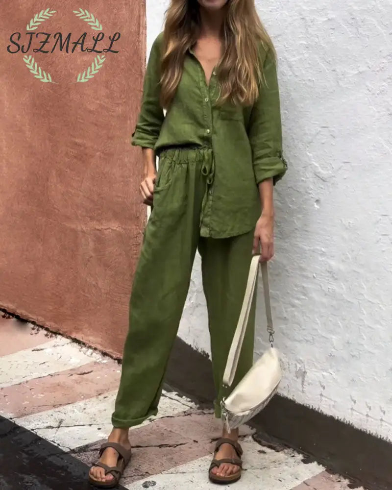 Casual Solid Color V-Neck Shirt & Pants Cotton Linen Two-Piece Set - ArmyGreen / S