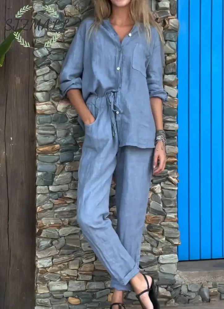 Casual Solid Color V-Neck Shirt & Pants Cotton Linen Two-Piece Set - Blue / S
