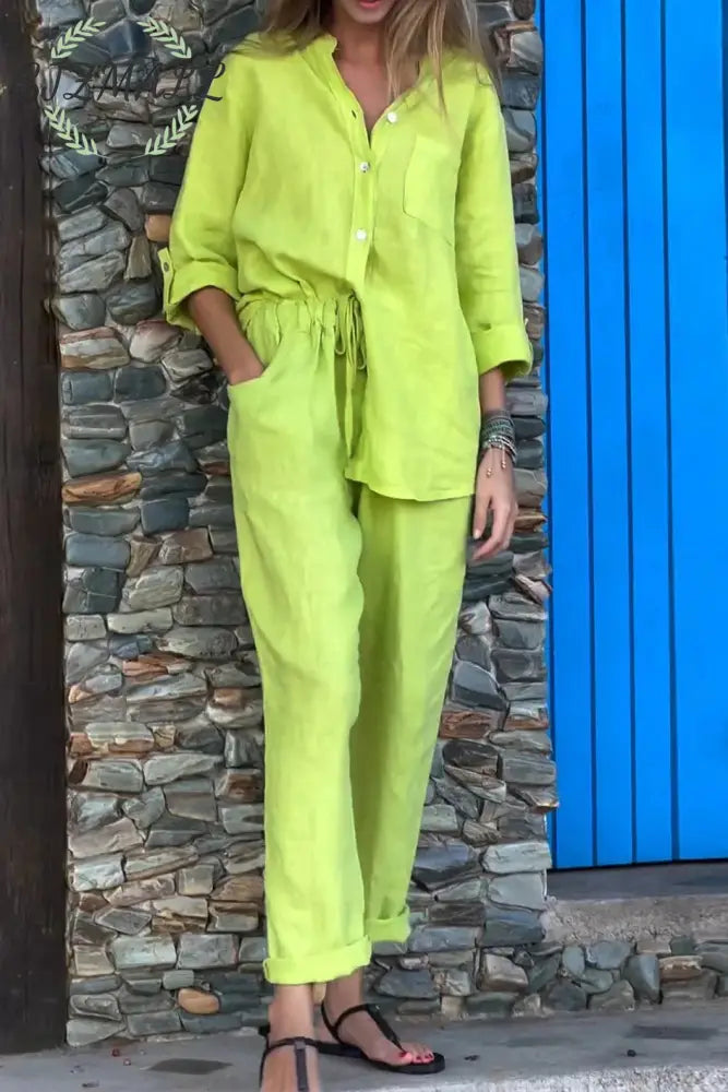 Casual Solid Color V-Neck Shirt & Pants Cotton Linen Two-Piece Set - Green / S