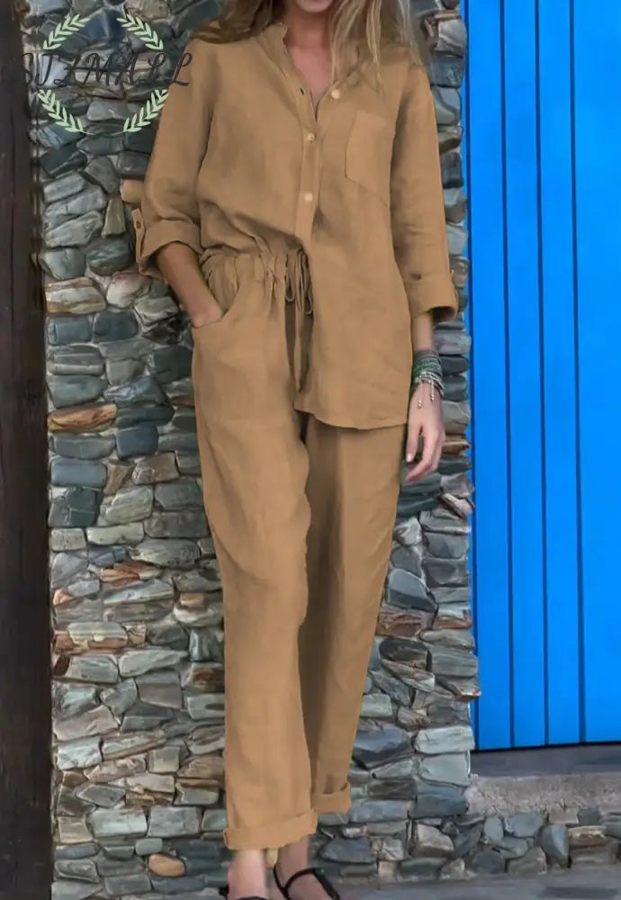 Casual Solid Color V-Neck Shirt & Pants Cotton Linen Two-Piece Set - Khaki / S