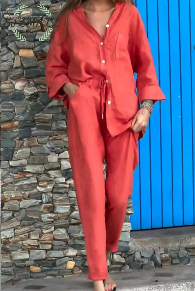 Casual Solid Color V-Neck Shirt & Pants Cotton Linen Two-Piece Set - Red / S