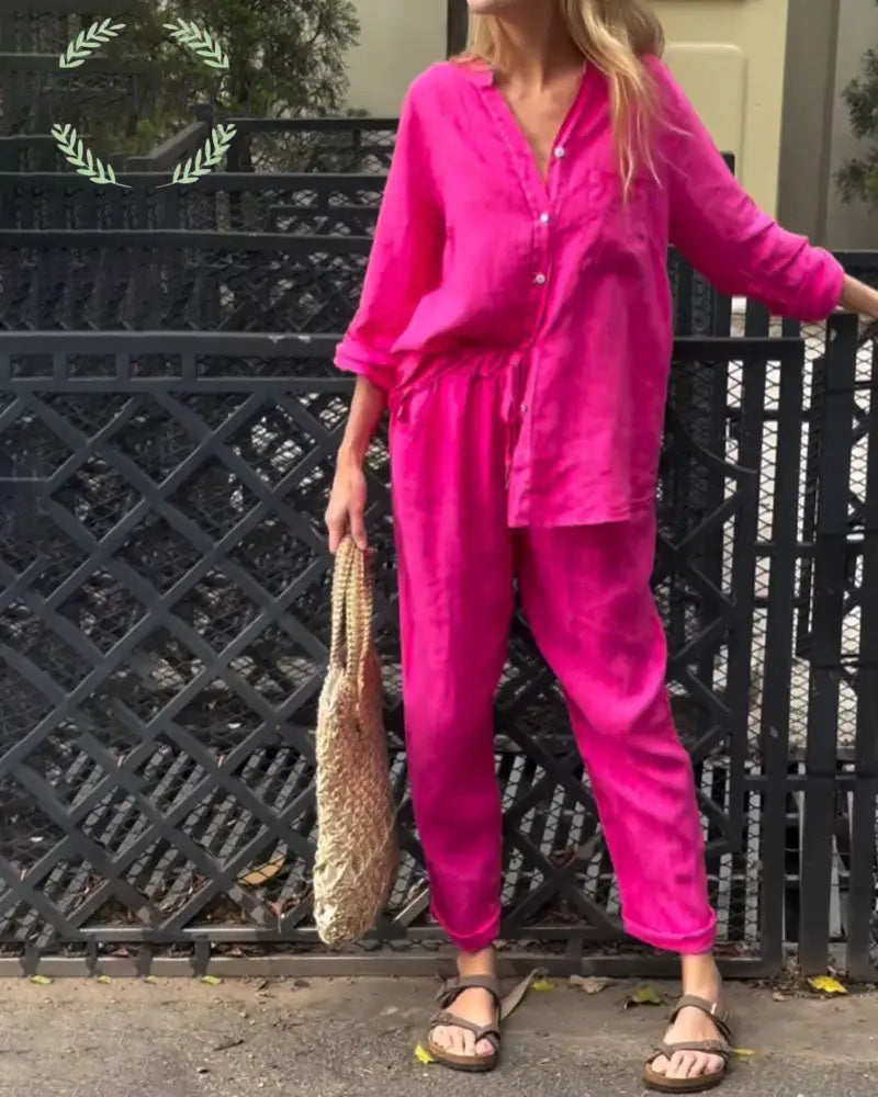 Casual Solid Color V-Neck Shirt & Pants Cotton Linen Two-Piece Set - Rose red / S