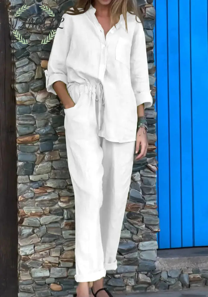 Casual Solid Color V-Neck Shirt & Pants Cotton Linen Two-Piece Set - White / S