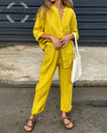 Casual Solid Color V-Neck Shirt & Pants Cotton Linen Two-Piece Set - Yellow / S