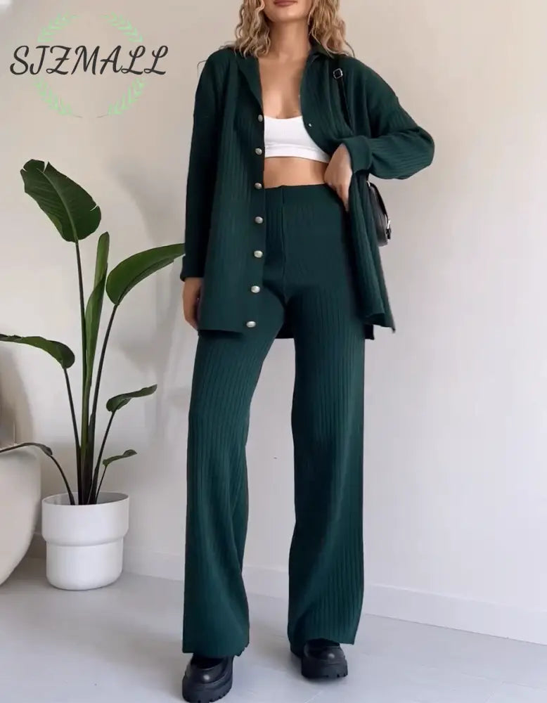 Casual Striped Jacquard Knitted Two-pieces Set - Jasper / XL