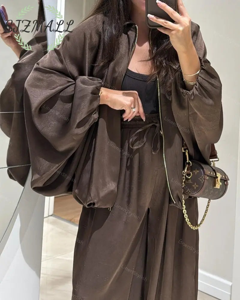 Casual Zip Jacket & Pants Two-Piece Set - Brown Jacket / XL
