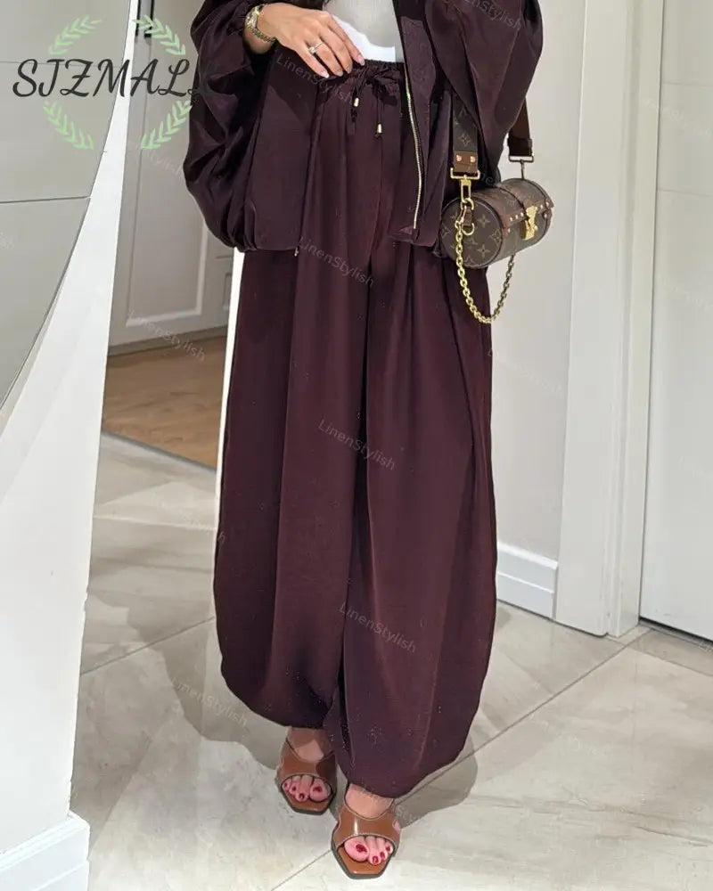 Casual Zip Jacket & Pants Two-Piece Set - Claret Pants / S