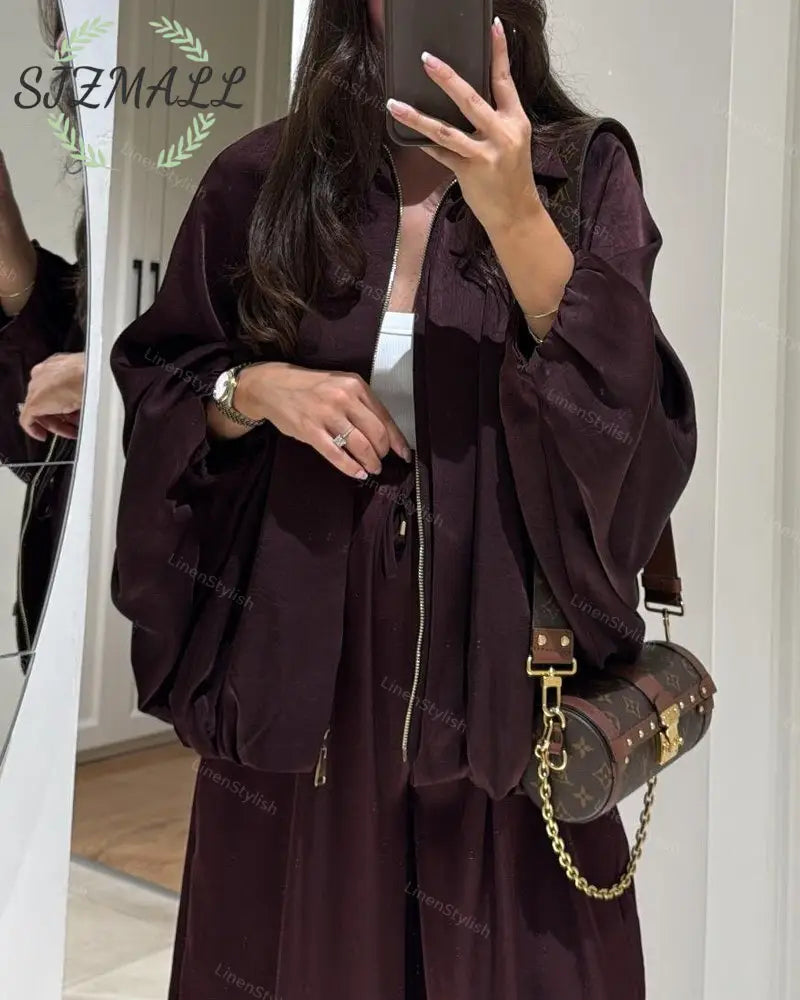 Casual Zip Jacket & Pants Two-Piece Set - Claret Jacket / XL