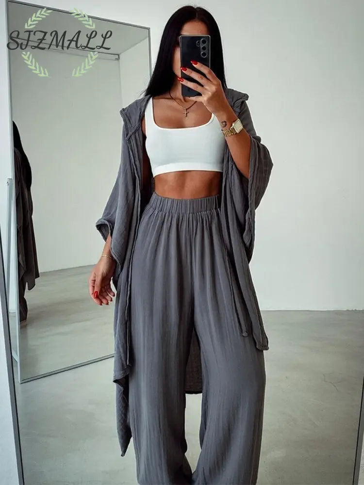 Chic hooded cardigan cotton and linen two-piece set