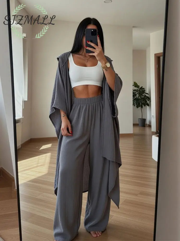Chic hooded cardigan cotton and linen two-piece set