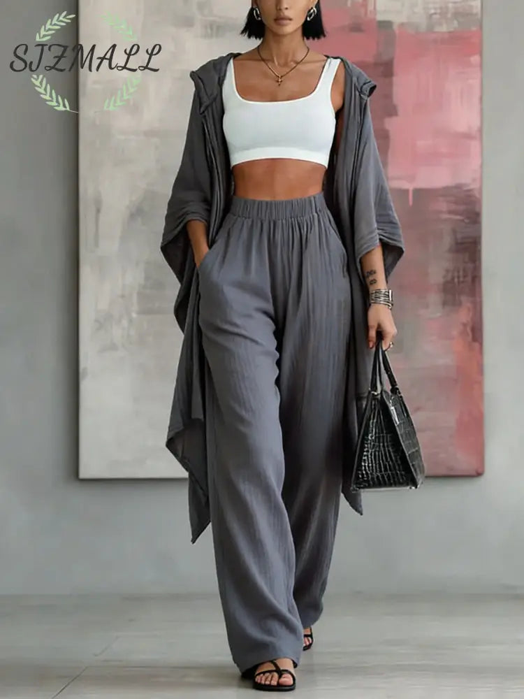 Chic hooded cardigan cotton and linen two-piece set