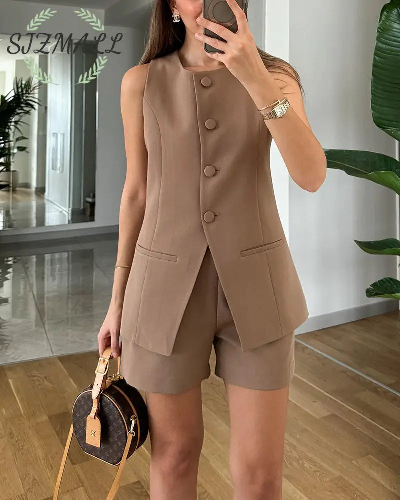 Chic office wear and everyday two-piece set - Brown / S