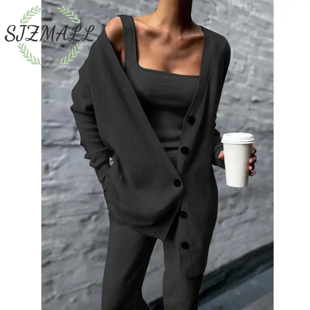Comfortable Knitted Three-Piece Set - black / L