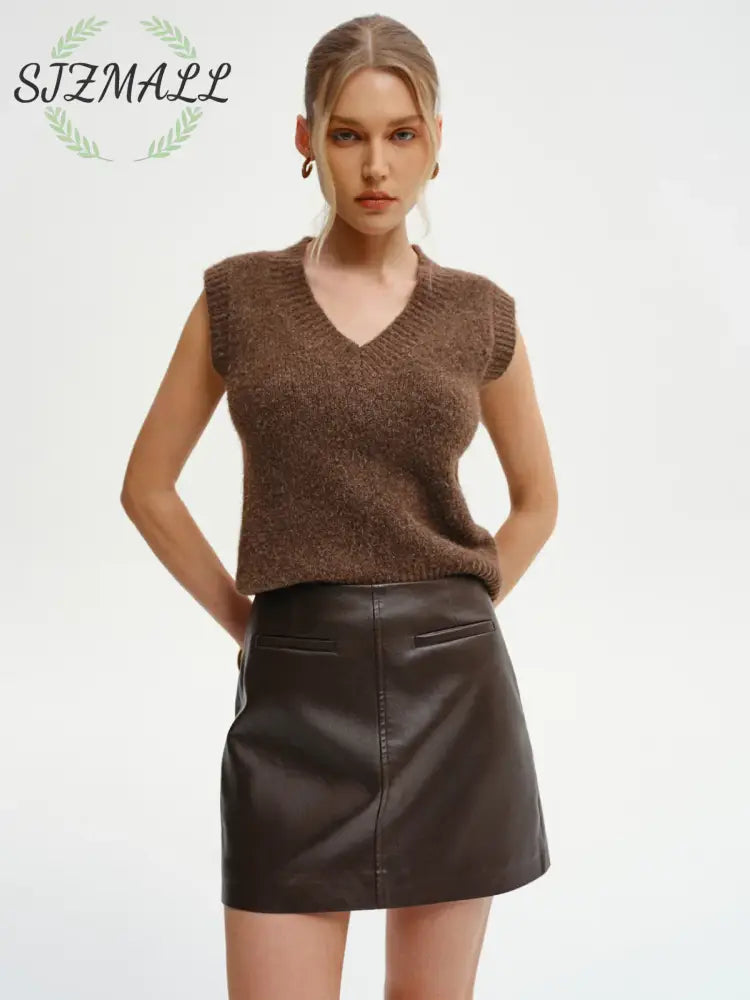 Decor Pocket PU Leather Mini Skirt - Dark Brown / XS