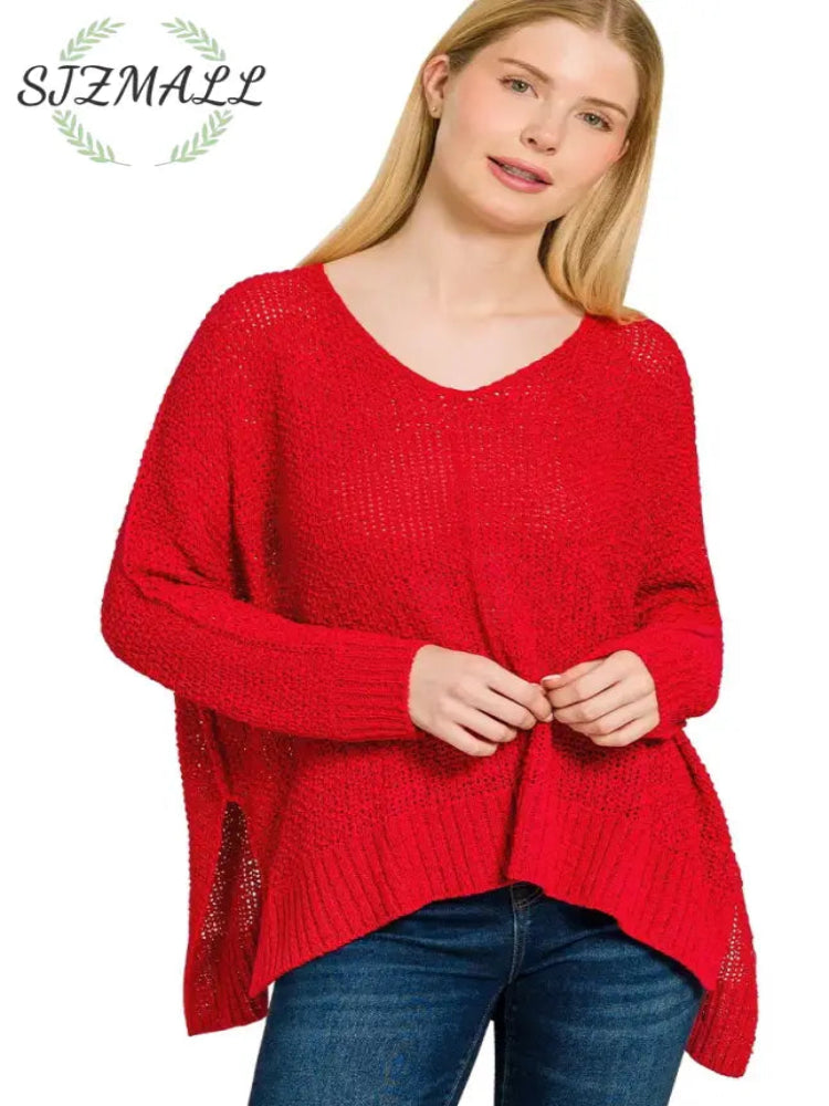 Dolman Sleeve V-Neck Sweater - RUBY / S/M