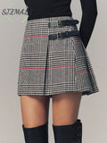 Double Belt Accent Houndstooth Mini Skirt - BlackandWhite / XS