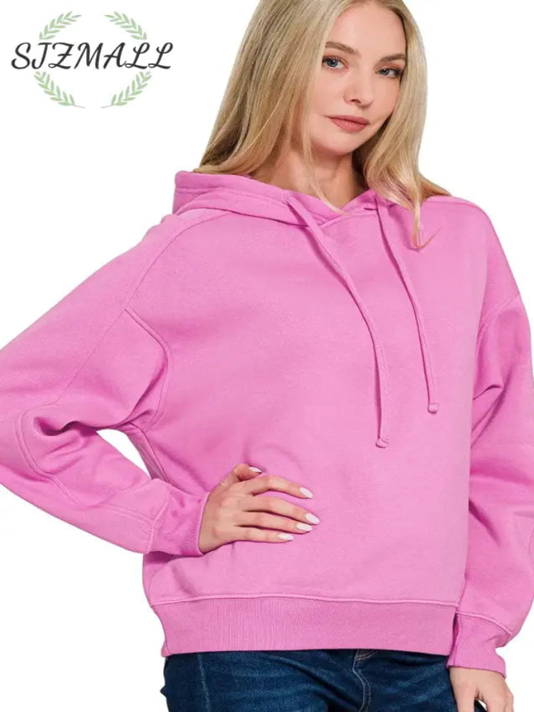 Drawstring Relaxed Fit Fleece Hoodie - BRIGHT MAUVE / S