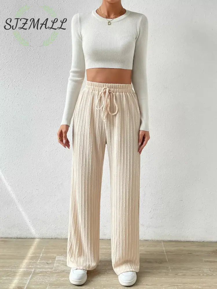 Drawstring Wide Leg Pants - Apricot / S