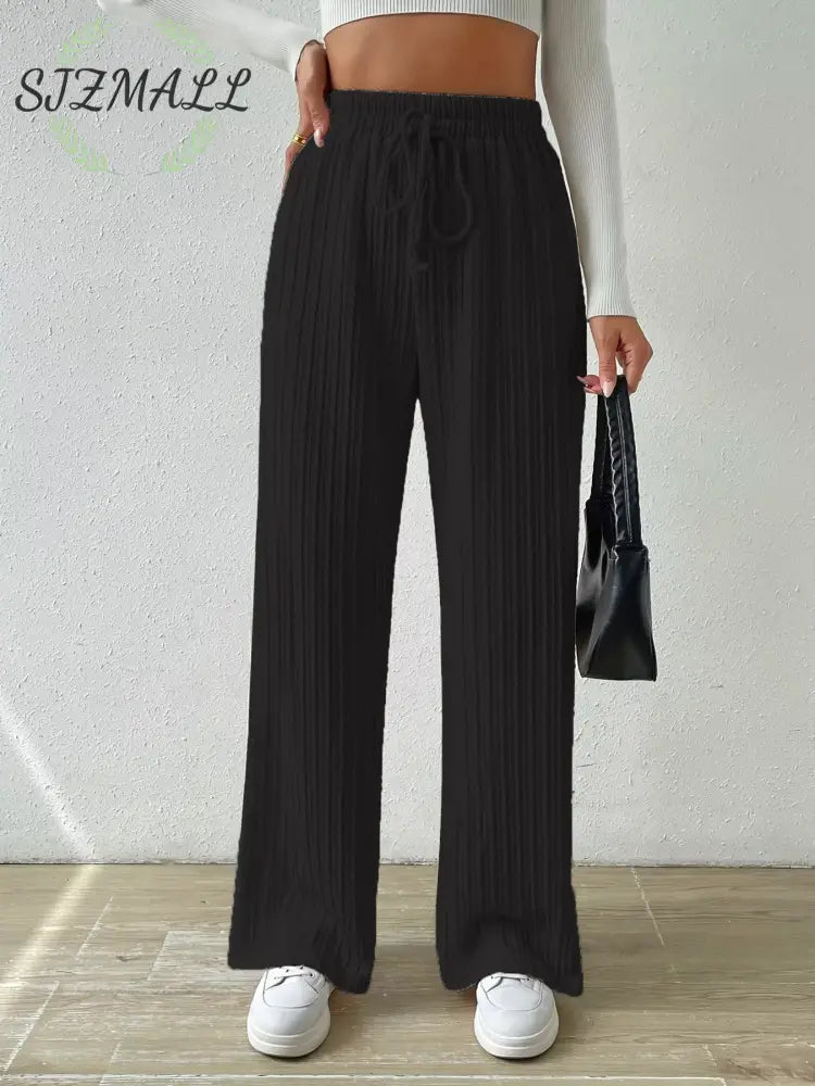 Drawstring Wide Leg Pants - Black / S