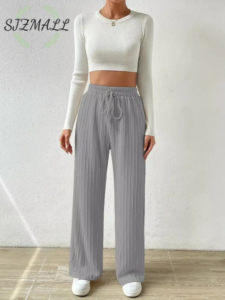 Drawstring Wide Leg Pants - Gray / S