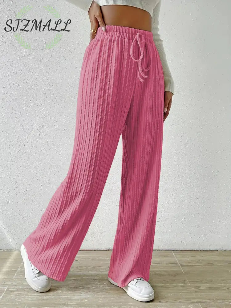 Drawstring Wide Leg Pants - Pink / S