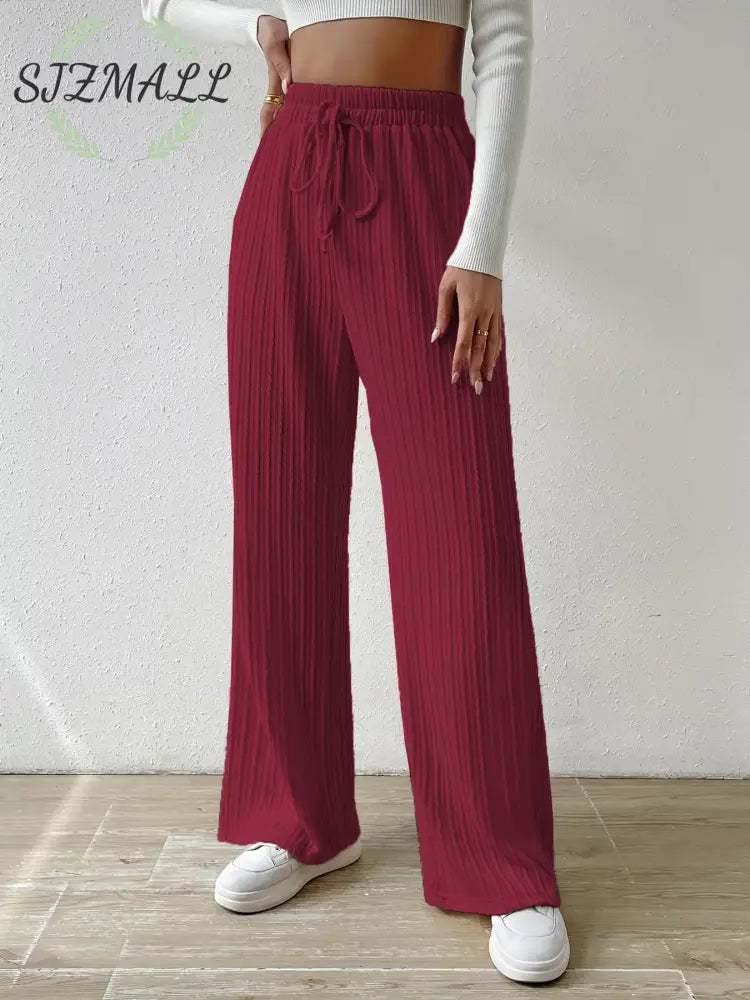 Drawstring Wide Leg Pants - Wine Red / S